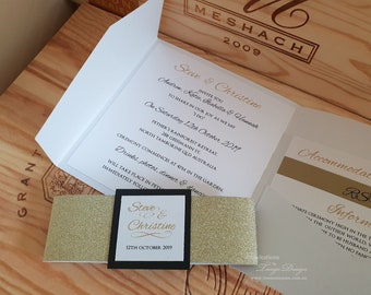 Pocketfold Trifold wedding invitations, all-in-one gold glitter invite in a set. Glitter glittery invitation pocket card. Sparkling party