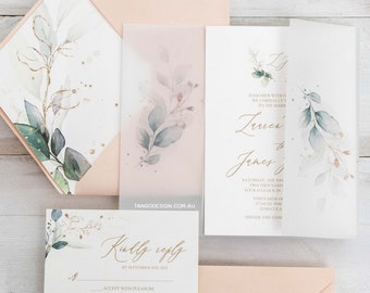 Vellum Greenery Wedding Invitation Suite. Vellum Jacket greenery Invitations with Botanical leaf design invites. Eucalyptus wedding invites