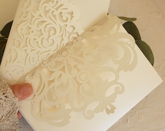 Boho Wedding Invitations. Sage Green Wedding Invitations. Boho Elegant Laser Cut Invitation Set