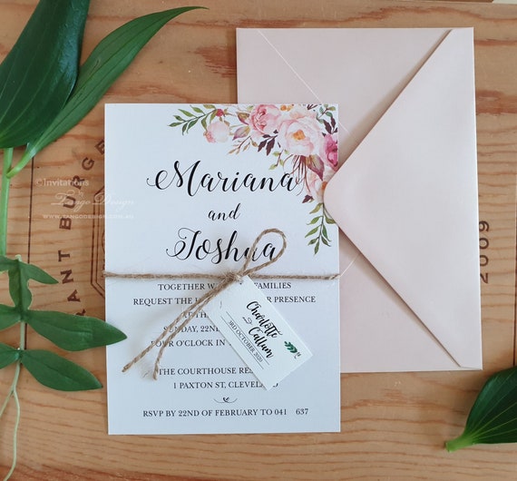 Blush Wedding invitations + rustic twine ribbon + tag, Greenery Botanical design & printing card invites. Floral invitation Bohemian Il_570xn