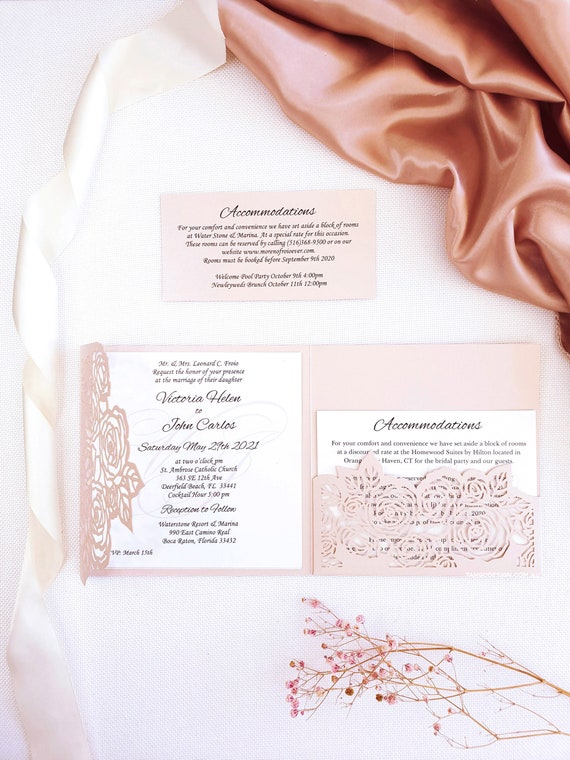 Etsy 2022 wedding invitations. Wedding Laser Cut Pocket Fold invitation in Blush, Rsvp Card. Rose floral invites Birthday Christening Il_570xn
