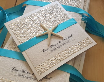 ELEGANT Beach Invitations Wedding Card Pocket SET.  Destination tropical island. Champagne Gold invitation with starfish. LUXURY invitations