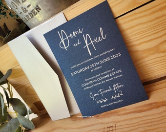 Navy Foil Wedding Invitation, Modern Elegant Design, Blue Silver Script Card