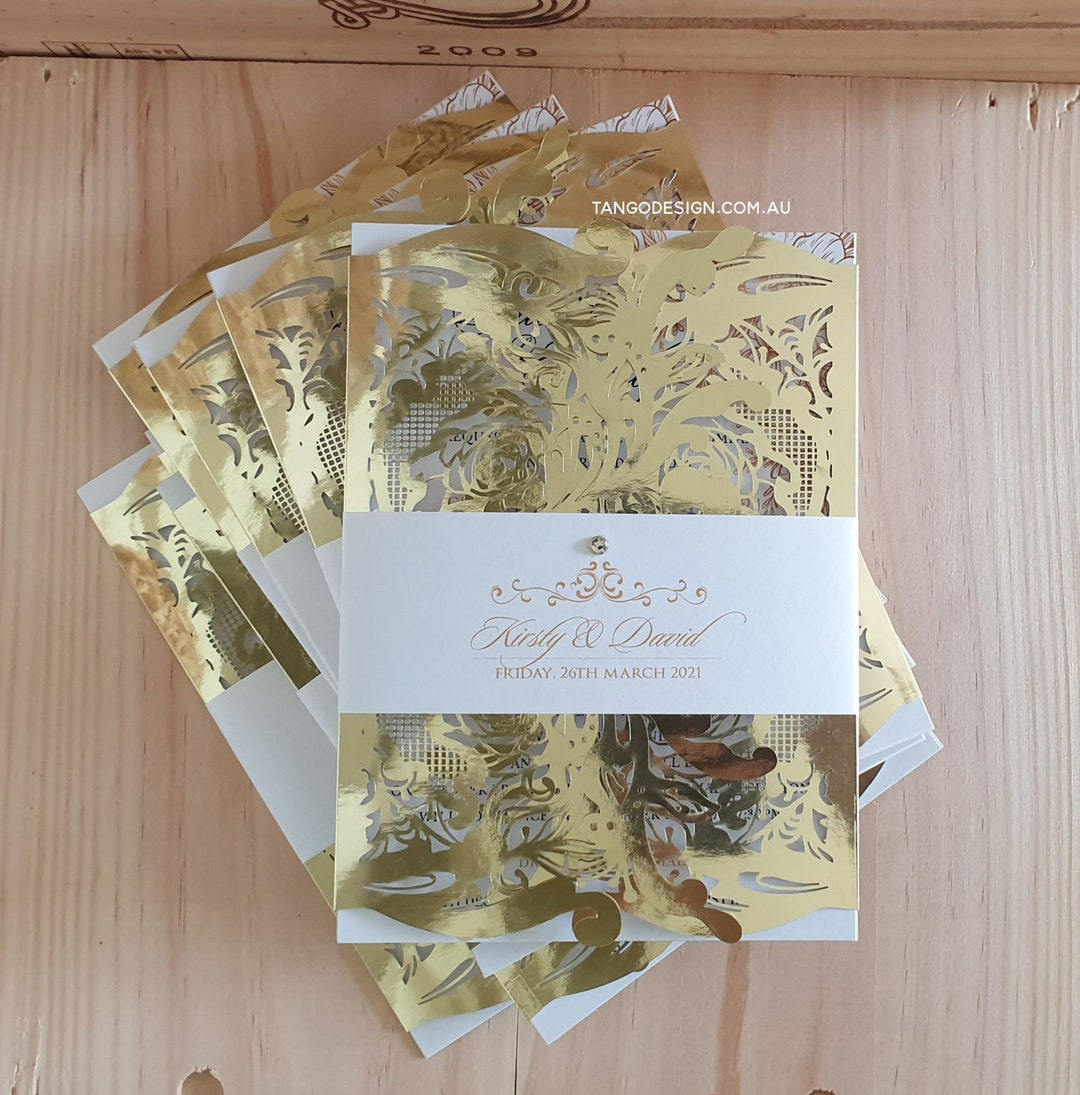 Gold Foil Wedding Invitation Laser Cut. Silver Metallic Wedding Card ...