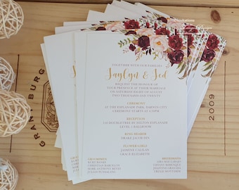 Burgundy Blush wedding invitations printed Flowers. Custom modern card, script custom printing invites. Greenery botanical floral invitation