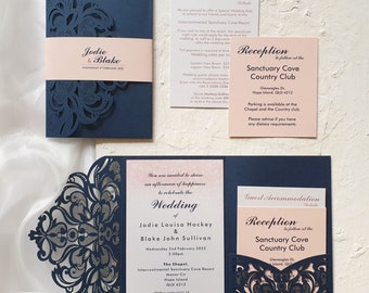 Wedding invitations package. Beautiful Wedding invitation pocketfold. Designer wedding invites + navy elegant details or information card.