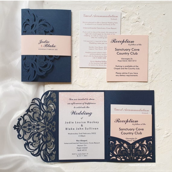 Wedding invitations package. Beautiful Wedding invitation pocketfold. Designer wedding invites + navy elegant details or information card. Il_570xn