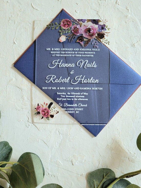 Clear wedding invitation, acrylic invitations, purple burgundy and navy blue invitations, transparent wedding invitations save the date Il_570xn