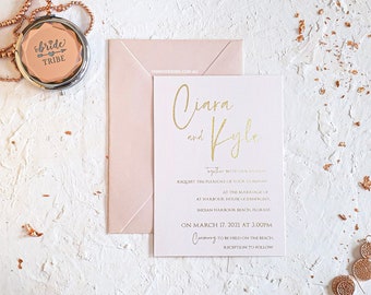 Calligraphy Wedding Invitations, Rose Gold Foil Floral Script, Burgundy Cards