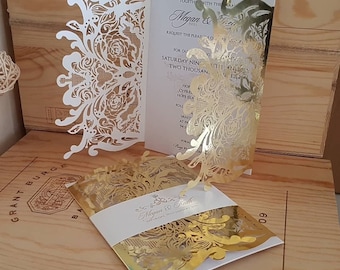 Gold Laser Cut Wedding Invitation Suite: Glitter Lace Gatefold Cards