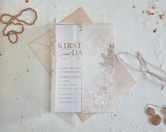 Vellum wrap + wedding Invitations. Rose Gold Vellum Invitation + card. Vellum jacket invite with foil floral design printed and  5x7 card