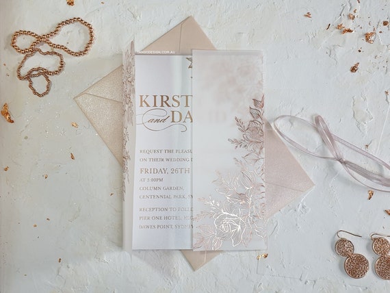 Vellum Wrap Wedding Invitations. Rose Gold Vellum Invitation Card