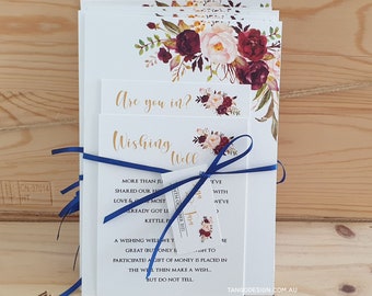 Burgundy and Navy Blue wedding invitations suite. Burgundy and Gold Floral card set tied with ribbon and tag. Wedding invites bouquet.