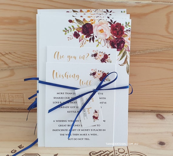 Burgundy and Navy Blue wedding invitations suite. Burgundy and Gold Floral card set tied with ribbon and tag. Wedding invites bouquet. Il_570xn