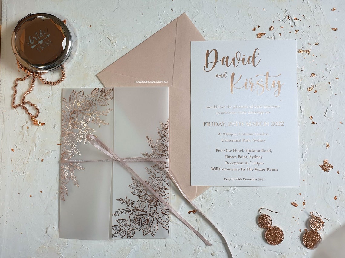 Vellum wedding invitation. Vellum Wrap Jacket invites. Vellum Etsy