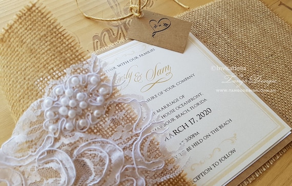 burlap and lace wedding invitations rustic invitation shabby etsy