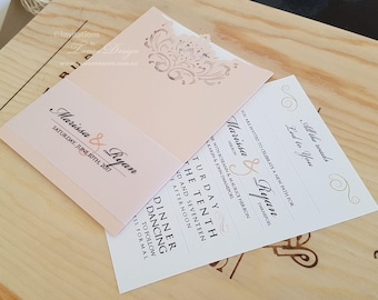 Modern wedding invitations, envelope invites. Blush pink pocket invitation with printed  card. Wedding stationery handmade,custom wording