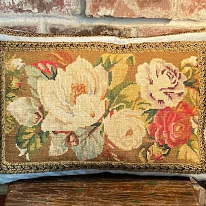 Rose and magnolia floral handmade needlepoint pillow (Cover)- Vintage design needlepoint cover