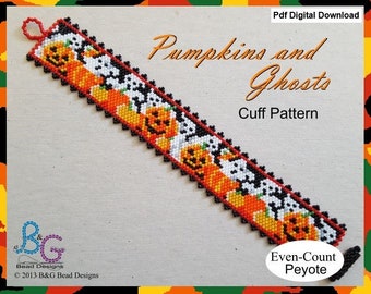 PUMPKINS and GHOSTS Peyote Cuff Bracelet Pattern - pdf Digital Download