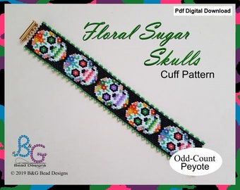 FLORAL SUGAR SKULLS Peyote Cuff Bracelet Pattern - pdf Digital Download