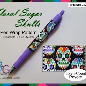 May include: A beaded pen wrap pattern featuring a floral sugar skull design. The pattern is designed to fit a G2-style pen and is worked in even-count peyote stitch. The pattern is available as a digital download.