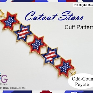 Puede incluir: Un patrón PDF para un brazalete de cuentas con una serie de estrellas recortadas en rojo, blanco y azul, con cuentas doradas que delinean las estrellas. El patrón es para un brazalete de punto de peyote de conteo impar.