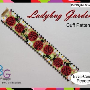 Peut inclure: Un motif de bracelet en perles représentant un jardin de coccinelles. Le motif est pour le point de peyote à nombre pair et comprend un téléchargement numérique PDF. Le motif est de B&G Bead Designs.