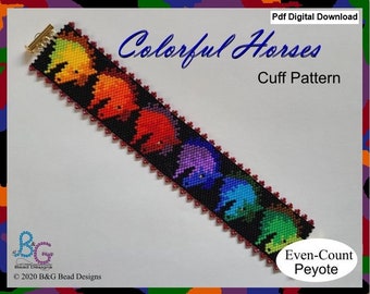 COLORFUL HORSES Peyote Cuff Bracelet Pattern - pdf Digital Download