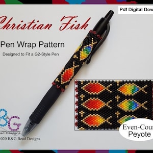 May include: A beaded pen wrap pattern featuring a Christian fish design in rainbow colors. The pattern is worked in even-count peyote stitch and is designed to fit a G2-style pen. The pattern is available as a digital download.