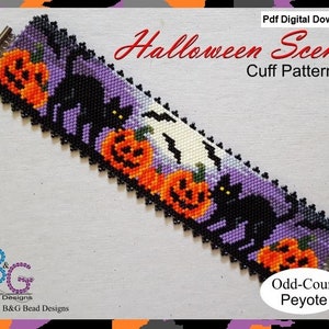 May include: A beaded bracelet pattern featuring a Halloween scene with black cats, pumpkins, and bats. The pattern is designed for odd-count peyote stitch.