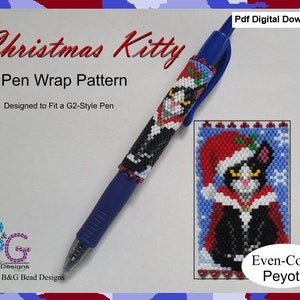 May include: A digital download pattern for a Christmas kitty pen wrap made with even-count peyote stitch. The pattern is designed to fit a G2-style pen. The image shows a blue pen with a beaded kitty wearing a Santa hat.