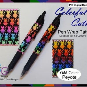 May include: A PDF digital download pattern for a colourful cat pen wrap. The pattern is designed to fit a G2-style pen and is made using odd-count peyote stitch.