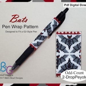May include: A PDF digital download pattern for a beaded pen wrap featuring a bat design. The pattern is for an odd-count 2-drop peyote stitch and is designed to fit a G2-style pen.