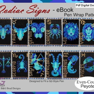 Könnte beinhalten: Ein digitaler Download von 12 Perlenmustern für Stiftumwicklungen mit den Tierkreiszeichen. Die Muster sind für einen G2-Stift konzipiert und werden in gerader Peyote-Technik gearbeitet.