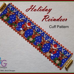 May include: A beaded bracelet with a holiday reindeer pattern. The bracelet is blue with red, white, and green accents. The text "Holiday Reindeer Cuff Pattern" is printed on a white background.