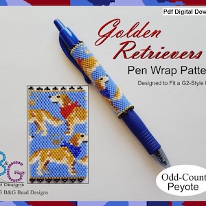 May include: A PDF digital download pattern for a beaded pen wrap featuring golden retrievers on a blue background. The pattern is designed to fit a G2-style pen and is made using odd-count peyote stitch.