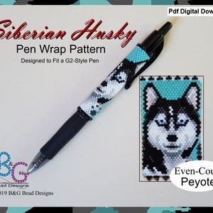 May include: A digital download pattern for a beaded pen wrap featuring a Siberian Husky. The pattern is designed to fit a G2-style pen and is made using even-count peyote stitch.