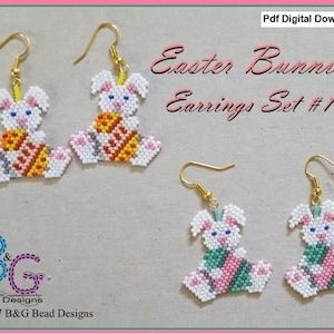 May include: A PDF digital download pattern for beaded Easter bunny earrings. The pattern includes two designs: one with a bunny holding an Easter egg with orange, yellow, and white stripes, and the other with a bunny holding an Easter egg with green, pink, and white stripes.