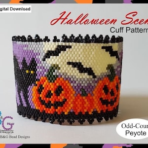 May include: A beaded cuff bracelet pattern featuring a Halloween scene with black cats, pumpkins, and bats. The pattern is designed for odd-count peyote stitch.