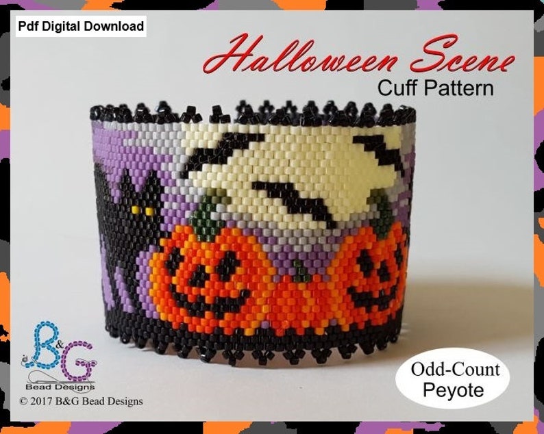 May include: A beaded cuff bracelet pattern featuring a Halloween scene with black cats, pumpkins, and bats. The pattern is designed for odd-count peyote stitch.