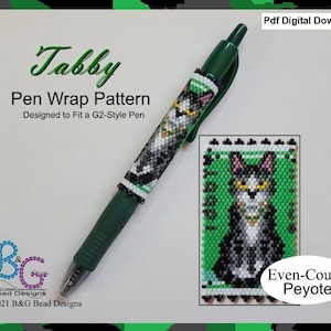 May include: A digital download pattern for a beaded pen wrap featuring a tabby cat design. The pattern is worked in even-count peyote stitch and is designed to fit a G2-style pen.
