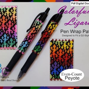 May include: A PDF digital download pattern for a colourful lizard pen wrap, made with even-count peyote stitch. The pattern is designed to fit a G2-style pen.