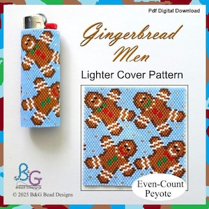 Op de afbeelding: Een lichtblauwe, geborduurde aanstekerhoes en patroon met peperkoekmannetjes. Het patroon bevat de tekst "Gingerbread Men Lighter Cover Pattern" en "Even-Count Peyote". De aanstekerhoes heeft een herhalend peperkoekmannetjesontwerp.