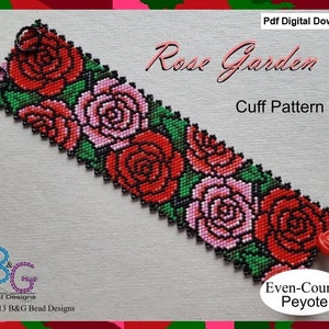 May include: A beaded bracelet pattern featuring a rose garden design. The pattern is worked in even-count peyote stitch and includes red, pink, green, and black beads. The pattern is available as a digital download.