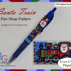 May include: A beaded pen wrap pattern featuring a Santa Claus riding a train. The pattern is designed to fit a G2-style pen and is made using even-count peyote stitch. The pattern is available as a digital download.