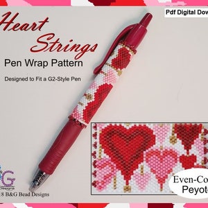 May include: A red pen wrapped in a beaded pattern of pink and red hearts. The beadwork is done in even-count peyote stitch. The pattern is called "Heart Strings" and is designed to fit a G2-style pen. The image includes the text "Pdf Digital Download", "Even-Count Peyote", "Heart Strings", "Pen Wrap Pattern", "Designed to Fit a G2-Style Pen", "© 2018 B&G Bead Designs", and "B&G Bead Designs".