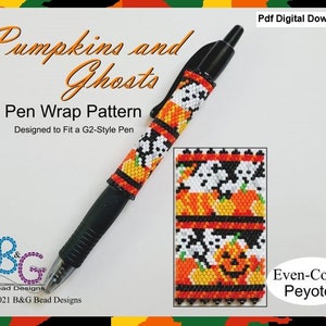 Op de afbeelding: Een zwarte G2-stijl pen met een kralen pen wrap met pompoenen en geesten. De pen wrap is ontworpen met oranje, gele, zwarte en witte kralen. De afbeelding bevat de tekst "Pumpkins and Ghosts Pen Wrap Pattern".