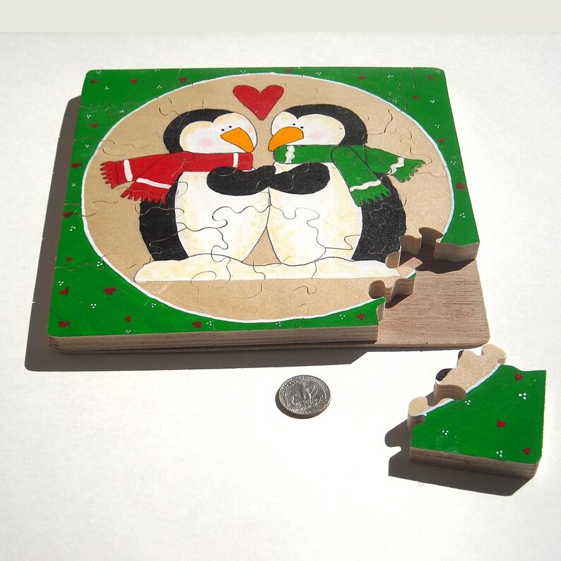 Hand Painted Wooden Children's Puzzle   Holiday Penguins image 1
