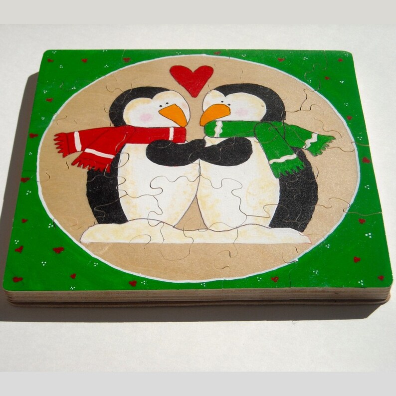 Hand Painted Wooden Children's Puzzle   Holiday Penguins image 0