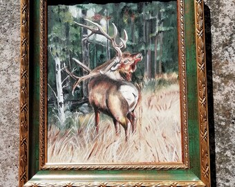 Original  handmade Red deer "Trophy on the edge of the Forest" acryl painting,Christmas gift, pine green, gold framed